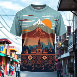 A trendy T-shirt design featuring the essence of Kota Yogyakarta, Indonesia, with a captivating skyline and cultural motifs