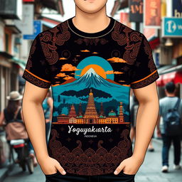 A trendy T-shirt design featuring the essence of Kota Yogyakarta, Indonesia, with a captivating skyline and cultural motifs