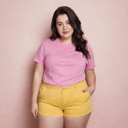 A curvy girl with dark hair, wearing a pink t-shirt and yellow shorts