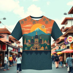 A trendy T-shirt design featuring the essence of Kota Yogyakarta, Indonesia, with a captivating skyline and cultural motifs