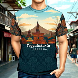 A trendy T-shirt design featuring the essence of Kota Yogyakarta, Indonesia, with a captivating skyline and cultural motifs