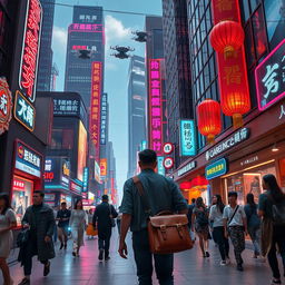 A man carrying a leather satchel walks down a bustling street in a futuristic Chinese city