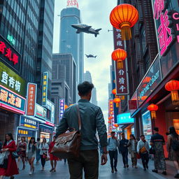 A man carrying a leather satchel walks down a bustling street in a futuristic Chinese city