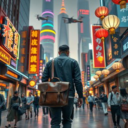 A man carrying a leather satchel walks down a bustling street in a futuristic Chinese city