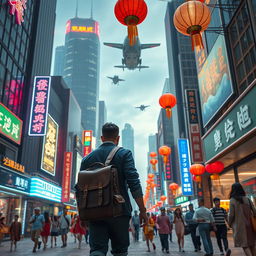 A man carrying a leather satchel walks down a bustling street in a futuristic Chinese city