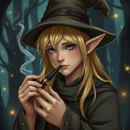 A handsome young elf wizard with smooth hands, smoking a pipe