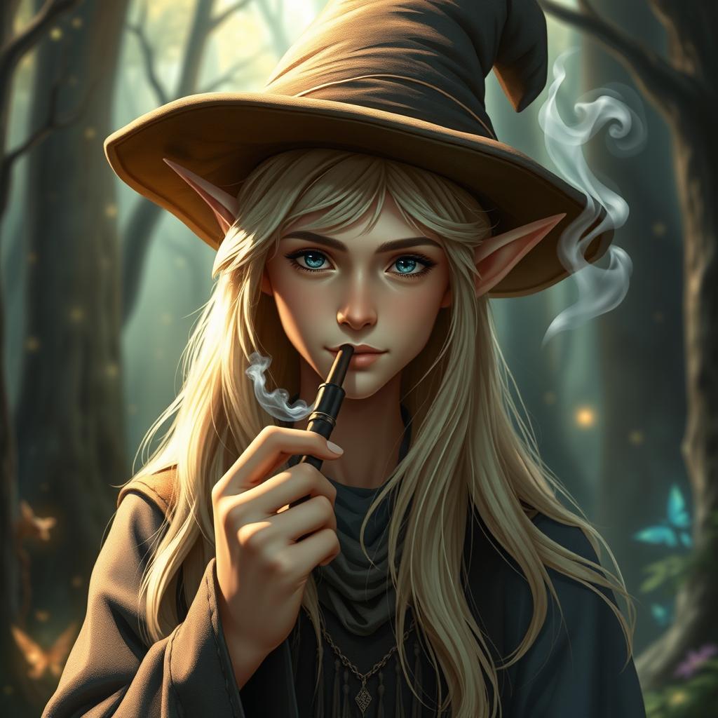 A handsome young elf wizard with smooth hands, smoking a pipe