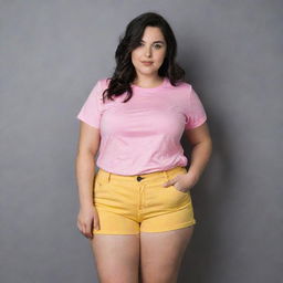 A curvy girl with dark hair, wearing a pink t-shirt and yellow shorts