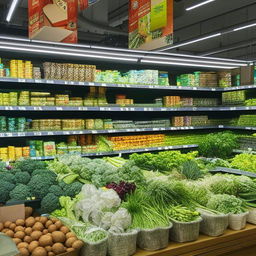 A well-stocked grocery unit filled with fresh produce, canned goods and consumable items, arranged neatly on shelves