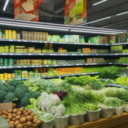 A well-stocked grocery unit filled with fresh produce, canned goods and consumable items, arranged neatly on shelves