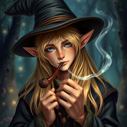 A handsome young elf wizard with smooth hands, smoking a pipe