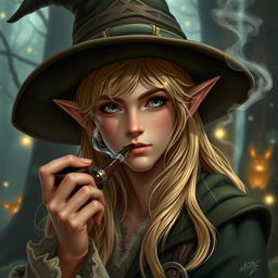 A handsome young elf wizard with smooth hands, smoking a pipe