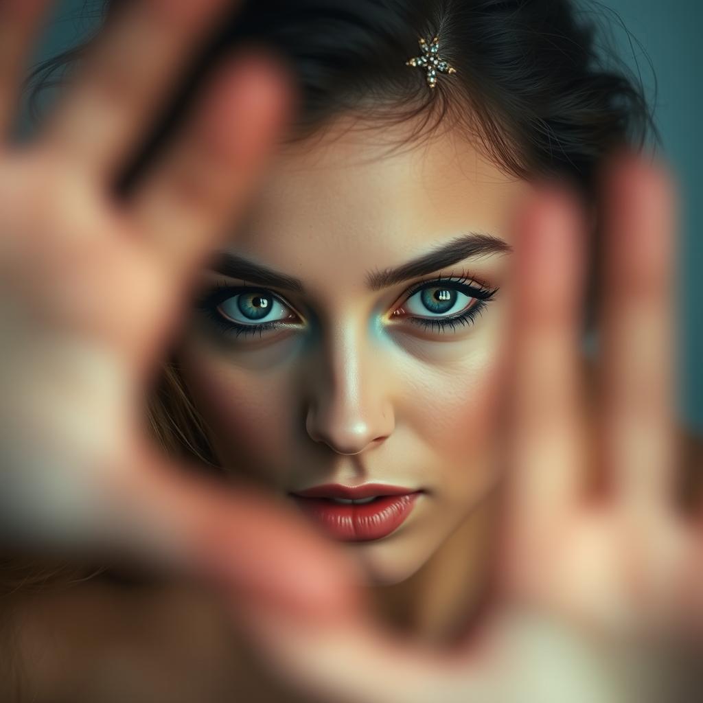 a beautiful woman with expressive eyes, close-up portrait, her face is in focus while deliberately obscuring her actions with a soft, abstract background, conveying a sense of allure and mystery