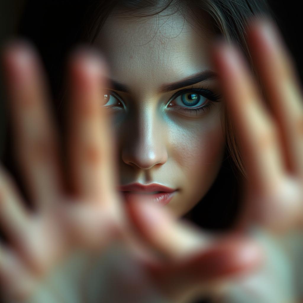 a beautiful woman with expressive eyes, close-up portrait, her face is in focus while deliberately obscuring her actions with a soft, abstract background, conveying a sense of allure and mystery