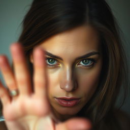 a beautiful woman with expressive eyes, close-up portrait, her face is in focus while deliberately obscuring her actions with a soft, abstract background, conveying a sense of allure and mystery