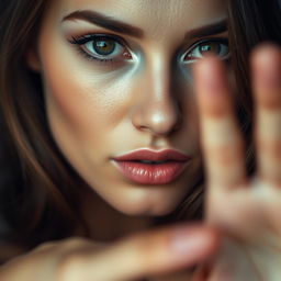 a beautiful woman with expressive eyes, close-up portrait, her face is in focus while deliberately obscuring her actions with a soft, abstract background, conveying a sense of allure and mystery