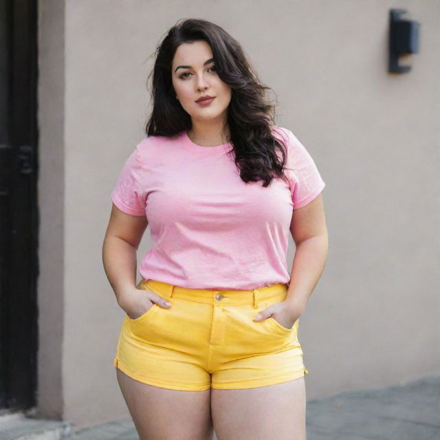 A curvy girl with dark hair, wearing a pink t-shirt and yellow shorts