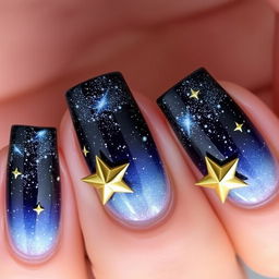 A stunning Milky Way-inspired manicure featuring a deep, cosmic gradient that transitions beautifully across the nails