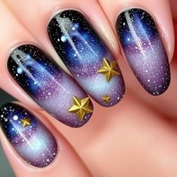 A stunning Milky Way-inspired manicure featuring a deep, cosmic gradient that transitions beautifully across the nails