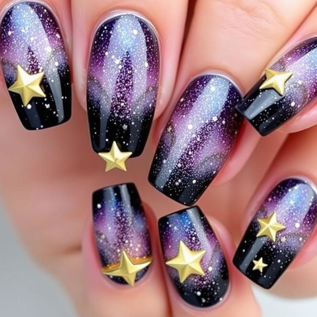 A stunning Milky Way-inspired manicure featuring a deep, cosmic gradient that transitions beautifully across the nails