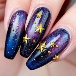 A stunning Milky Way-inspired manicure featuring a deep, cosmic gradient that transitions beautifully across the nails