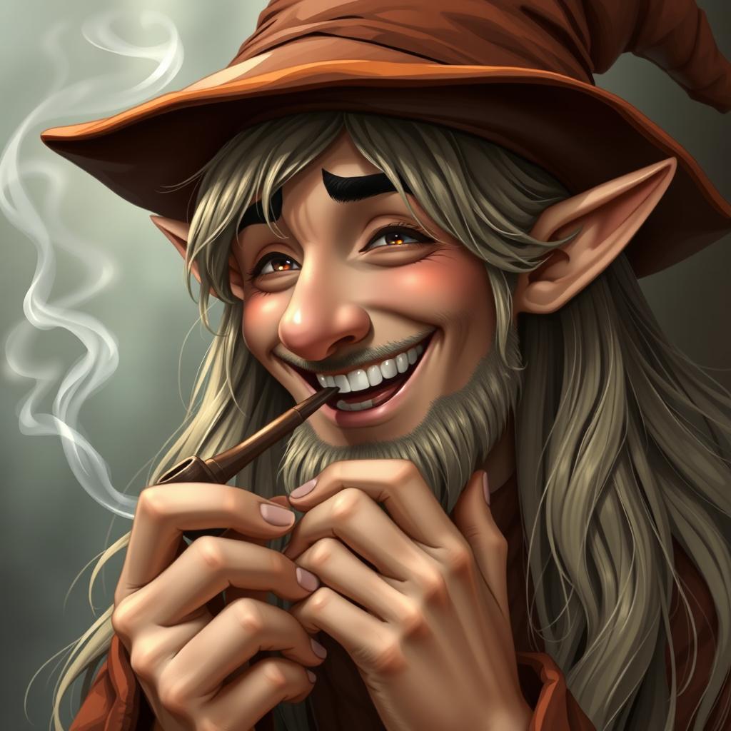 A handsome elf wizard with long, flowing hair, laughing joyfully, and smoking a pipe