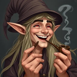 A handsome elf wizard with long, flowing hair, laughing joyfully, and smoking a pipe