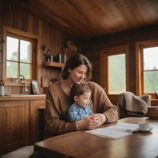 A heartfelt scene featuring a loving mother with brown hair spending quality time with her son inside their cozy wooden home.