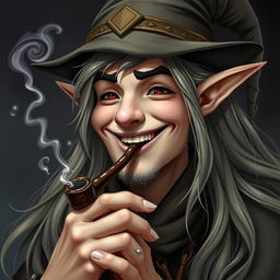 A handsome elf wizard with long, flowing hair, laughing joyfully, and smoking a pipe