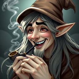 A handsome elf wizard with long, flowing hair, laughing joyfully, and smoking a pipe