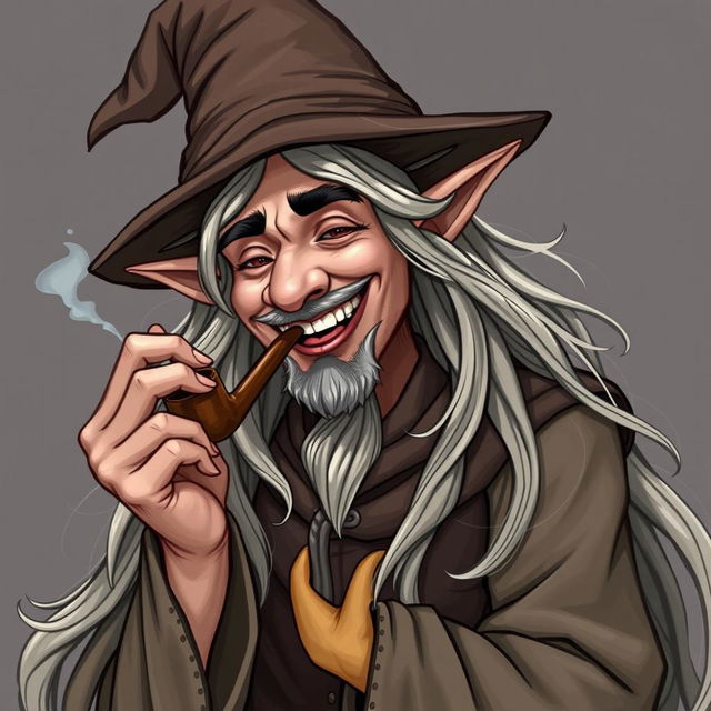 A charismatic elf wizard with long, flowing hair, smoking a pipe