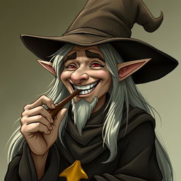 A charismatic elf wizard with long, flowing hair, smoking a pipe