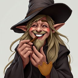 A charismatic elf wizard with long, flowing hair, smoking a pipe