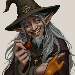 A charismatic elf wizard with long, flowing hair, smoking a pipe