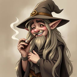 A handsome elf wizard with long, flowing hair, exuding a magical aura, is standing while smoking a pipe