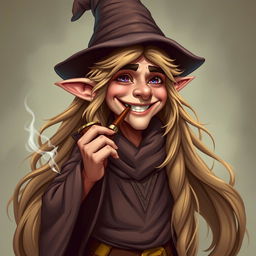 A handsome elf wizard with long, flowing hair, exuding a magical aura, is standing while smoking a pipe