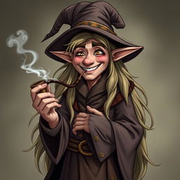 A handsome elf wizard with long, flowing hair, exuding a magical aura, is standing while smoking a pipe