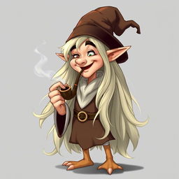 A handsome elf wizard with long, flowing hair, exuding a magical aura, is standing while smoking a pipe