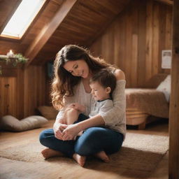 A heartfelt scene featuring a loving mother with brown hair spending quality time with her son inside their cozy wooden home.