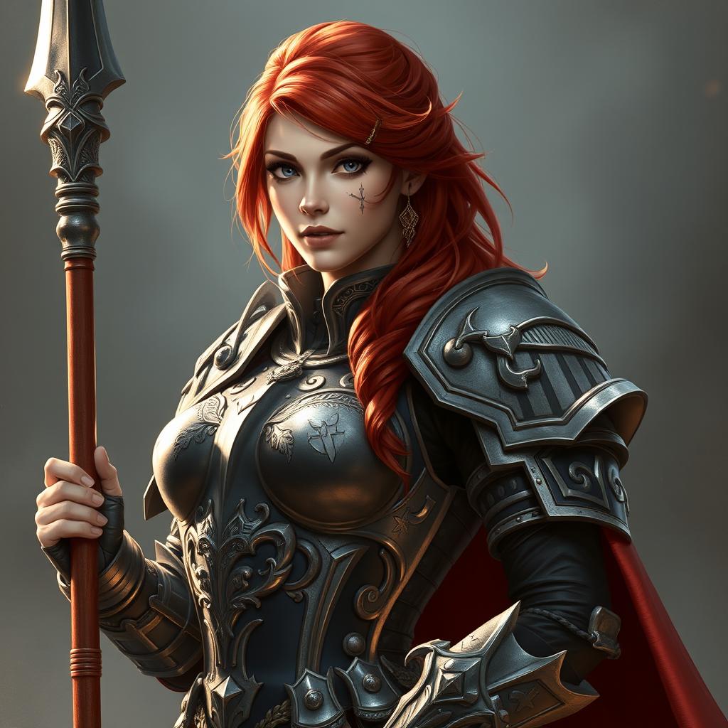 A stunning female paladin with striking red hair, adorned in elaborate and shining armor that showcases her strength and grace