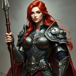 A stunning female paladin with striking red hair, adorned in elaborate and shining armor that showcases her strength and grace