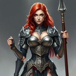 A stunning female paladin with striking red hair, adorned in elaborate and shining armor that showcases her strength and grace