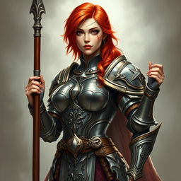 A stunning female paladin with striking red hair, adorned in elaborate and shining armor that showcases her strength and grace