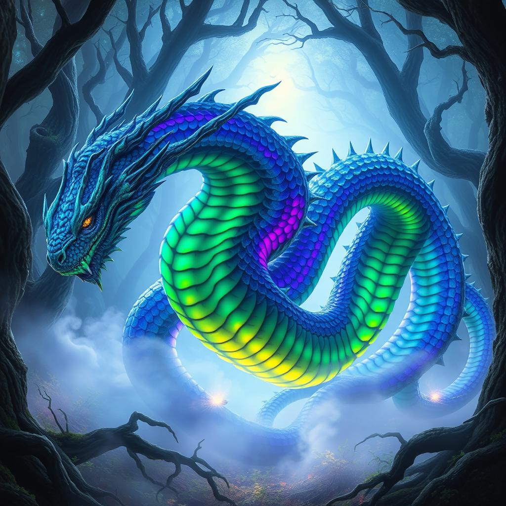 A majestic hydra creature with vibrant, luminescent scales that change colors in a kaleidoscope of blues, greens, and purples