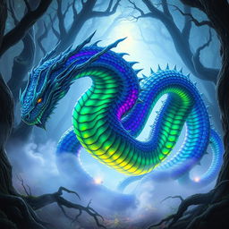 A majestic hydra creature with vibrant, luminescent scales that change colors in a kaleidoscope of blues, greens, and purples