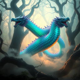 A majestic hydra creature with vibrant, luminescent scales that change colors in a kaleidoscope of blues, greens, and purples