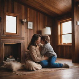 A heartfelt scene featuring a loving mother with brown hair spending quality time with her son inside their cozy wooden home.