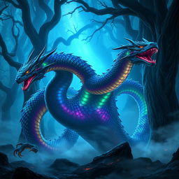 A majestic hydra creature with vibrant, luminescent scales that change colors in a kaleidoscope of blues, greens, and purples