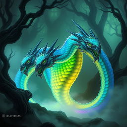 A majestic hydra creature with vibrant, luminescent scales that change colors in a kaleidoscope of blues, greens, and purples