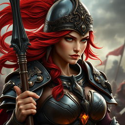 A fierce and beautiful female paladin with striking red hair flowing from her helmet